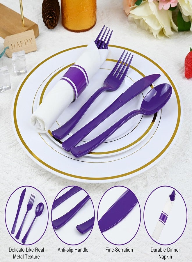 pyntop 30 Pack Pre Rolled Purple Plastic Silverware with Napkins - Disposable Cutlery Set with Forks, Knives, Spoons & Linen-Like Dinner Napkins, Wrapped Plastic Utensils for Weddings, Parties & Events - Image 4